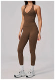 Summer Seamless Yoga Sets Women V Neck Slim Sports Tank Top Fitness Suit Peach Hip High Elasticity Leggings Running Tracksuit