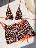 2026 Summer Leopard Print 3 Pieces Suit Swimwear Reversible Sexy Halter Lace-up Bikini Set Drawstring Skirt Cover Up Beachwear