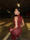 Summer Jumpsuits Women Sexy High Neck Sleeveless Sheer Mesh Solid Lace Flare Pants Slim Bodycon Elegant Formal Club Party Romper