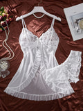 White Sexy Contrast Lace and Mesh Ruffle Babydoll Sleep Dress Woman Nightgown V-neck Open Bra Sleep Skirt Nighties Sleepwear