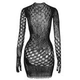 Women Sheer Mesh Long Sleeve Beach Cover Up, Sexy See-Through Fishnet Dress, Solid Bodycon  For Summer Beach Party