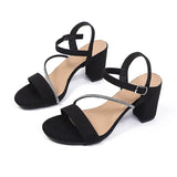 Fashion Crystal Strap Block Heel Sandals Women Plus Size 43 One Strap High Heels Sandalias Mujer Anti Slip Black Party Shoes