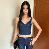 2026 Street style stretch imitation denim camisole V-neck slim fit versatile hot girl top