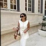 Women's Sleeveless Knit Top With Metal Buttons White Sleeveless Button Down Vest And Maxi Skirt Two Piece Set For Women S7XY