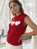 Women 2026 Sleeveless Crew Neck Pullover Fashion Daily Wear Top Cute Heart Print Pink Knitted Vest
