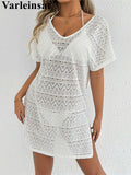 S - XL V Neck Short Sleeve Hollow Out Knitted Tunic Beach Cover Up Cover-ups Beach Dress Beach Wear Beachwear Female Women V8214