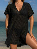 Sexy Short Sleeve Hollow Out Crochet Knitted Tunic Beach Cover Up Cover-ups Beach Dress Beach Wear Beachwear Female Women K6686