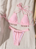 sexy pink pendant halter tie bikinis sets two pieces drawstring thong bandage swimsuit bathing suit swimwear biquini tankini