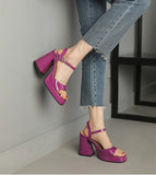 NASBAVI Women Patent Leather Sandals Super Chunky High Heeled Ankle Buckle Shoes Platform Summer Thick Heel Sandal Ladies 35-43