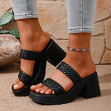 Women High Heels Sandals Fashion Weave Thick Heel Slippers Square Toe Summer Casual Ladies Slides Slip on Beach Sexy Shoes Woman