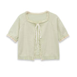 Women's Fashion Short Sleeve Round Neck Bow Lace Knit Solid Color Light Green Lace Trim Front Short Sleeve Knit Casual Top MDTM