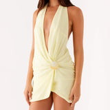 Women Casual Shell Deep V-Neck Wrap Halter Neck Party Beach Club Dress Summer Solid Color Sleeveless Backless Mini Dresses