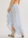 Women's Solid Color Midi Skirts Lace Elastic High Waist Skirts Spring Summer Sweet Irregular Hem Casual Skirts