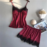 Women's Lace Satin Pajama Sets Sexy Nightwear Summer Sleeveless Tops+Shorts 2 Pcs Pyjamas Sleepwear Loungewear