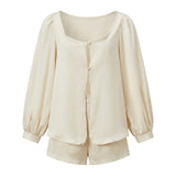 Women’s Casual 2 Piece Outfits Long Lantern Sleeve Button Down Tops + Shorts Set Solid Color Loose Suits
