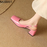 NASBAVI Women's Block Heels Pumps Shoes Elegant Summer Sandals Green Pink Close Toe Slingback Office Wedding Dress Shoes Female
