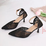 Sexy Black Mesh Pointed Toe Pumps Women Plus Size 43 Ankle Buckle High Heel Party Shoes Woman Embroidered Sequins Pumps Ladies
