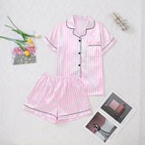 Women Pink Striped Satin Silk Pajamas Set Short-Sleeved V-neck Top and Shorts High Grade Ladies Sleepwear Loungewear