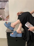 Women Punk Lazy Platform Sandals Buckle Design Garden Shoes Roman Street Slippers Flip Flops Denim Blue Outdoor Beach Shoes