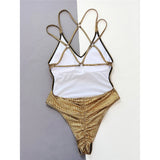 Sexy Golden Sequins Cross Back One Piece Swimsuit Women Swimwear Female Scrunch Butt High Leg Cut Bather Bathing Suit Swim V4967