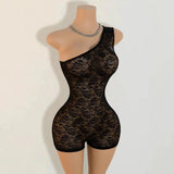 Sexy Jacquard Lace See Through Playsuits Women Hipster Oblique Shoulder Sleeveless Skinny Rompers Midnight Party Clubwear