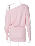 Woman Clothes Diagonal Collar Long Sleeve Package Hip Short Dress Streetwear Black Pink High Waist Tunics Slim Party Dresses