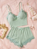 Women Sleepwear 2pcs Floral Contrast Lace Pajama Set V Neck Solid Color Bow Top & Shorts Suit Home Clothes Loungewear