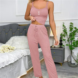 Women Ribbed Pajama Set Lace Trim Camisole Top & Drawstring Pants Sexy Sleepwear Autumn Soft Lounge Homewear