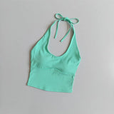 Women's Halter Neck Sports Bra Vest Slimming Tube Top for Yoga Gym Running Beautiful Back Sling Design One Cup Gathered Summer F