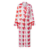 Women 2025 Heart Print Pajama Set Long Sleeve Button-up Tops and Pants 2 Piece Valentines Day Sleepwear Outfit