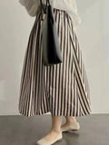 Retro Chic Solid Color Striped Skirt For Women In Summer, High Waisted And Slimming A-line Mid Length Umbrella Skirt Casual OHS8