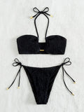 Halter Tie Side Pleated Smocked Bikini Women Bandeau Swimsuit Female Swimwear Two Pieces Bikini Set Bathing Suit Swim Beach Wear