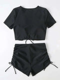 Sexy Drawstring Bikini Set 2026 Women Green Black Short Sleeve Two Piece Swimsuit Summer Bathing Suit Pleate High Waist Swimwear