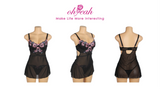 Black Floral Embroidered Mesh Chemise for Women Underwire Push Up Adjustable Back Closure Sleepwear with Panties Plus Size