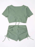 Sexy Drawstring Bikini Set 2026 Women Green Black Short Sleeve Two Piece Swimsuit Summer Bathing Suit Pleate High Waist Swimwear