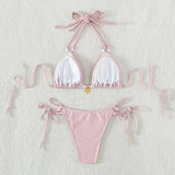 Sexy Pink Micro Thong Bikinis Sets Bead String Halter Swimwear Women Mini Swimsuit Bathing Suit Lace-up Biquinis Triangle Bikini