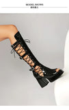 Plus Size Women Black Patent Matte Leather Lace Up Knee High Boots Peep Toe Platform Block Heel Back Zip Gothic Y2K Party Heels