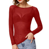 Sexy Women T Shirt See Through Mesh Black Long Sleeve Tees Sheer Slim Fit O Neck Tulle Crop Top Y2k T-Shirt Transparent Clubwear