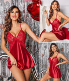 Women Sexy Satin Lace Nightdress Babydoll Lingerie V-Neck Sleeveless Sleepwear Pajama Dress