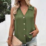 Summer T-Shirt Women Vest Casual Tank Top Oversize V-Neck Sleeveless Button Single-breasted Mid Length Women Shirts