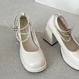 10cm Super High Heels Mary Jane Shoes Women Fashion Patent Leather Platform Pumps Woman Pearls Chain Ankle Strap Party Shoes