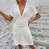 S - XL Short Sleeve V Neck Crochet Knitted Tunic Beach Cover Up Cover-ups Beach Dress Beach Wear Beachwear Female Women V5314