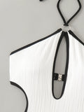 DEKA White Hollow One Pieces Swimsuit Women's Beaded HalterBathing Suit Bodysuit Vacation Swimwear Beach Wear