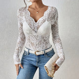 Women V Neck Floral Lace Long Sleeve T Shirt See Through Slim Fit Tees Y2k Gothic Club Party Streetwear Ladies Sheer Basic Tops