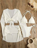 Sexy White Red Swimwear Women 2026 Long Sleeve Cover Up Drawstring Skirt 4 Piece Swimsuit Beach Bathing Suit Holiday Swimsuit