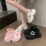 Fashion Crystal Buckle Platform Sandals Women Pink Embroidery Thick Heels Sandalias Mujer Comfortable Heightened Rome Sandals