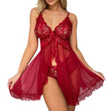 2 Pieces Women's Sleepshirts Lace Lingerie Set Semi-transparent V-Neck Thong Underwear for Women Exquisite Tulle Nightgown Set