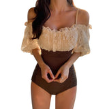 Sexy Off Shoulder Flounce One Piece Swimsuit Lady  Monokini Half Sleeve Swimwear Women Swim Bath Suit