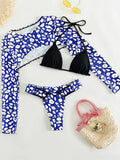 Leopard Printed Long Sleeve Beach Cover-up Bikini Women Swimwear Female Swimsuit Three-pieces Bikini Set Micro Bathing Suit Swim