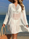 2025 Long Sleeve Hollow Out Crochet Knitted Tunic Beach Cover Up Cover-ups Beach Dress Beach Wear Beachwear Female Women K6674